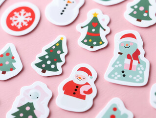 Fototapeta premium Playful Christmas themed stickers featuring snowmen, trees, and Santa. Perfect for festive decorations and holiday crafts, adding cheerful touch to any project