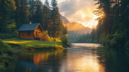 Wooden cabin inspiring wanderlust by the river at sunset
