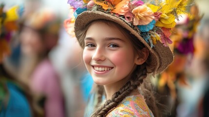 Fototapeta premium Young girl smiling and wearing flower crown at local festival