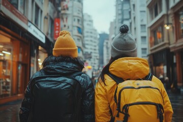 Fototapeta premium Two tourists walking down rainy city street wearing backpacks and winter hats