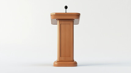 One lone light wood podium with black microphone on white background