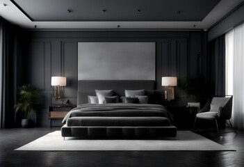 interior large black modern colours luxurious bed background nightstand master bedroom rich room furniture in home dark monochrome fancy luxe gray