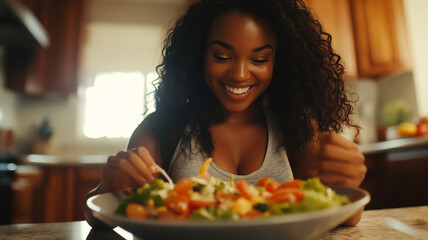 Woman enjoying a fresh salad in a cozy kitchen setting during the afternoon