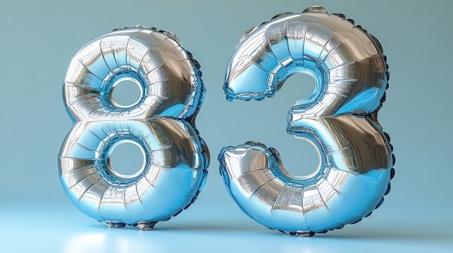 Silver number 83 balloons on blue background.