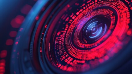 A vivid, digital close-up focusing on a camera lens with swirling patterns of red and blue light, showcasing a futuristic design.