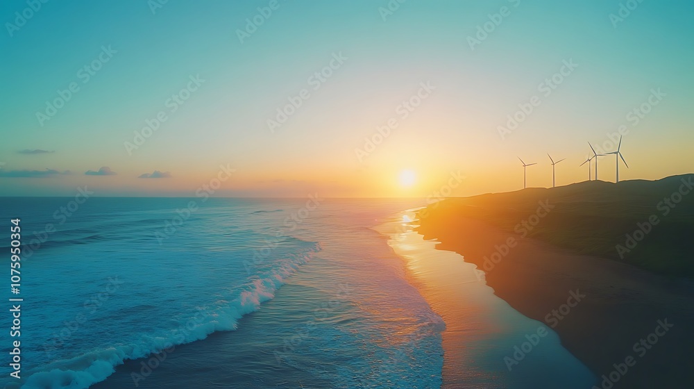 Poster a tranquil beach scene at sunset, with gentle waves lapping at the shore and a beautiful gradient of