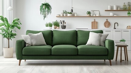 Modern green sofa in a stylish interior setting with plants, wooden shelves, and kitchen utensils, creating a fresh and inviting atmosphere for home decor lovers.