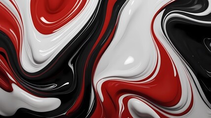 Beautiful abstraction of liquid paints red, white and black in slow blending flow mixing together gently