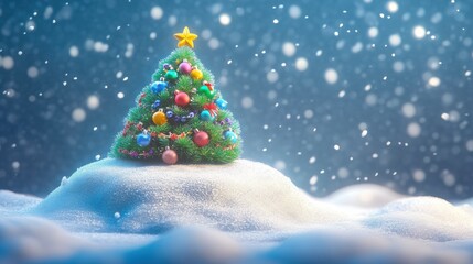 Obraz premium 3D cartoon-style illustration of a small, round snow mound with a festive, brightly decorated Christmas tree growing on top. The tree has colorful, oversized ornaments and cheerful, twinkling lights. 