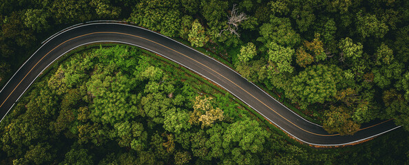 Winding road in the forest The top view of the beautiful Aerial view of asphalt road, the highway through the forest in the rainy season. For travel and nature driving..