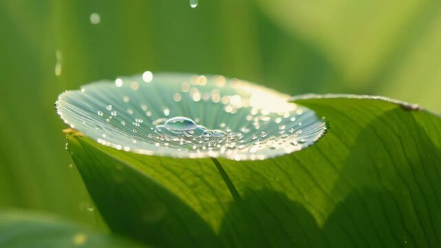 Camera slow zooms out from macro video of water droplet on lotus leaf in natural sunlight at pond's edge