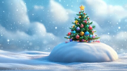 Obraz premium 3D cartoon-style illustration of a small, round snow mound with a festive, brightly decorated Christmas tree growing on top. The tree has colorful, oversized ornaments and cheerful, twinkling lights. 