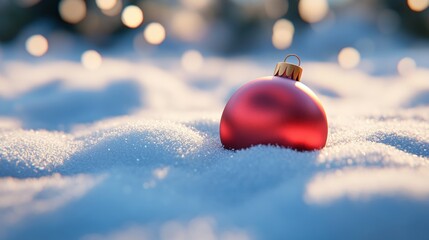3D cartoon-style red, round Christmas ornament lying gently in the snow. The snow is soft and fluffy, with subtle sparkles, and the ornament’s shiny surface reflects the snowy surroundings.