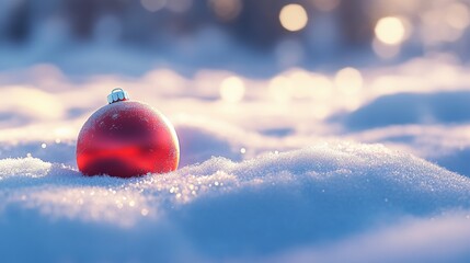 3D cartoon-style red, round Christmas ornament lying gently in the snow. The snow is soft and fluffy, with subtle sparkles, and the ornament’s shiny surface reflects the snowy surroundings.