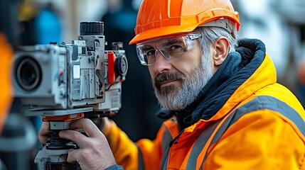 A construction worker wearing a hard hat and safety glasses looks at the camera with a serious expression while holding a surveying instrument.