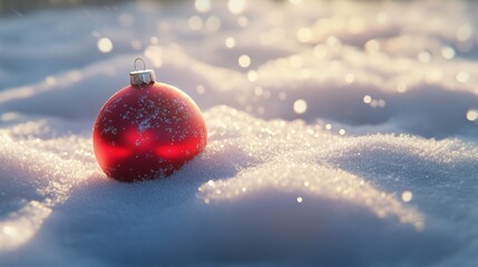 3D cartoon-style red, round Christmas ornament lying gently in the snow. The snow is soft and fluffy, with subtle sparkles, and the ornament’s shiny surface reflects the snowy surroundings.