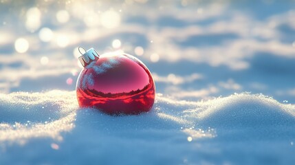3D cartoon-style red, round Christmas ornament lying gently in the snow. The snow is soft and fluffy, with subtle sparkles, and the ornament’s shiny surface reflects the snowy surroundings.