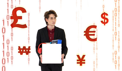A manager in suit feel sad, stressed and unhappy face holding paper box of belongings collected from office in the get fired day. Various red currency symbols and coding displayed on white background.
