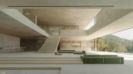 Fototapeta premium Modern Architectural Interior of a Minimalist Home with Open Space, Natural Light, Innovative Design, and Greenery Integration, Showcasing Sleek Lines and Contemporary Aesthetics