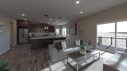 Fototapeta premium Modern and Stylish Living Room Interior with Open Kitchen Design, Featuring Neutral Tones, Natural Light, and Elegant Furniture in a Contemporary Home Setting