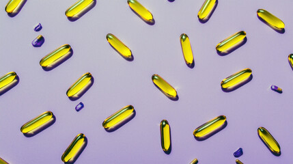 Capsules in various shapes and sizes are spread across a colorful background, highlighting their distinct yellow hues and textures