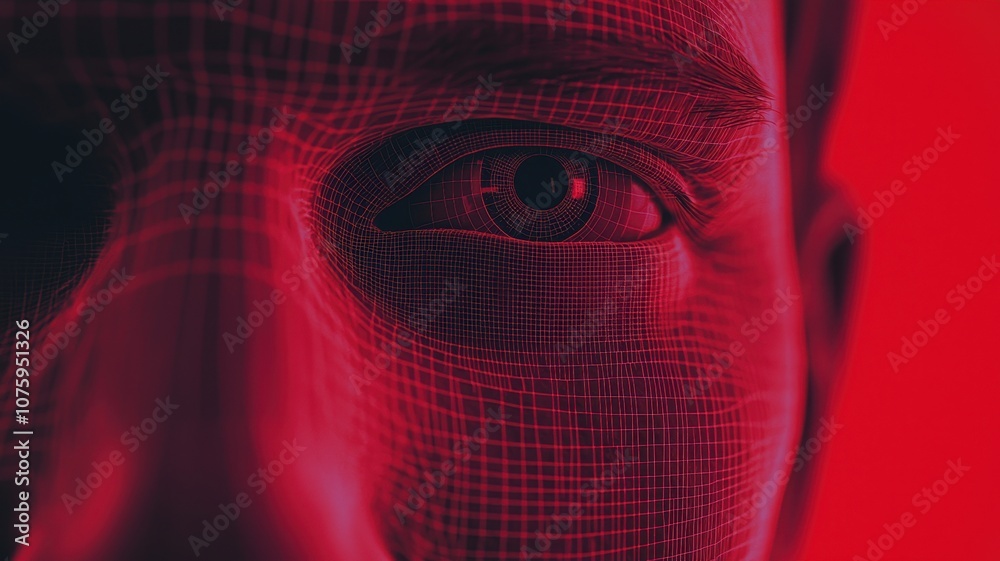 Poster a close-up view of a face visualized through digital mesh effects, featuring a striking red backdrop