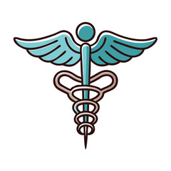 Caduceus medical icon with wings and staff, Vector illustration of a caduceus symbol featuring a winged staff with intertwined serpents, representing medicine and healthcare.
