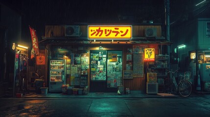 A small Japanese convenience store at night with a neon sign.