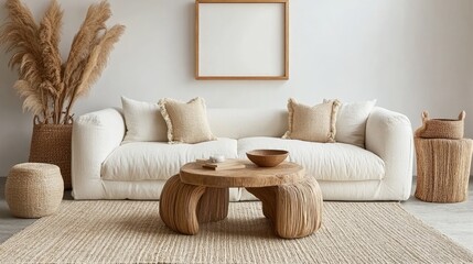 Cozy and Elegant Interior Design Featuring a Light Beige Sofa, Natural Fiber Decor, and Minimalist Accessories in a Modern Living Room Setting