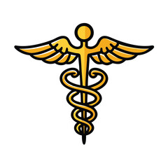 Caduceus medical icon with wings and staff, Vector illustration of a caduceus symbol featuring a winged staff with intertwined serpents, representing medicine and healthcare.
