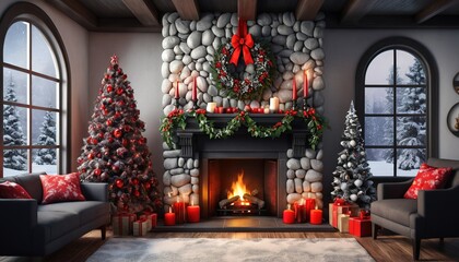 Fototapeta premium Snowy Christmas Fireplace with Wreath and Decor