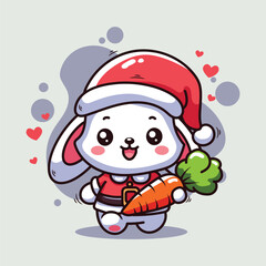 Cute bunny wearing santa hat and holding carrot vector illustration.