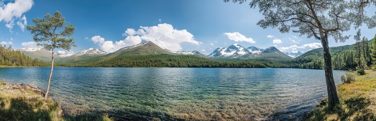 Obraz premium Panoramic view of the beautiful lake in summer, surrounded by forest and mountains with snow-capped peaks