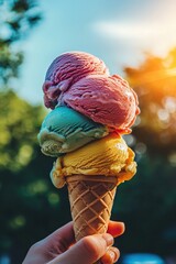 Deliciously Colorful Ice Cream Cone with Multiple Flavors Against a Bright Summer Background Ideal for Food and Dessert Photography