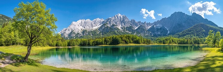 Fototapeta premium Panoramic view of the beautiful lake in summer, surrounded by forest and mountains with snow-capped peaks