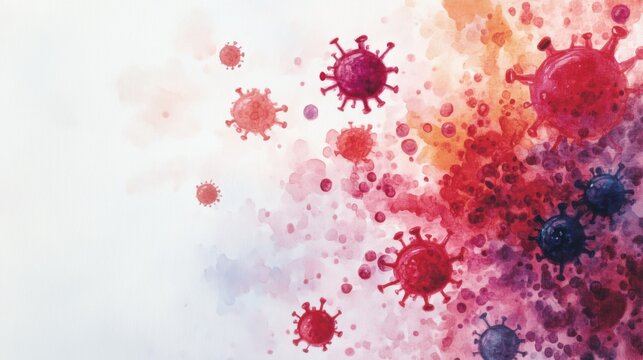 A vibrant watercolor depiction of virus particles, showcasing a blend of red and purple hues against a light background, symbolizing health and science themes.