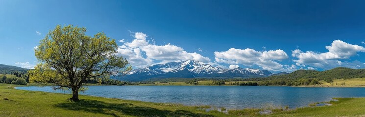 Panoramic view of the beautiful lake in summer, surrounded by forest and mountains with snow-capped peaks
