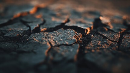 A close-up view of cracked earth showcasing intricate textures and warm lighting that highlights the natural formation of the dry surface.