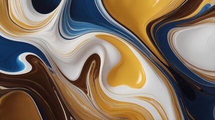 Beautiful abstraction of liquid paints blue, white, yellow and brown in slow blending flow mixing together gently. high quality, 8K Ultra HD, highly detailed