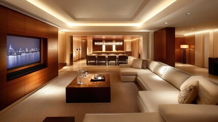 Modern and Elegant Living Room with Stylish Decor, Cozy Sofa Arrangement, Ambient Lighting, and Contemporary Furniture in a Spacious Open Layout