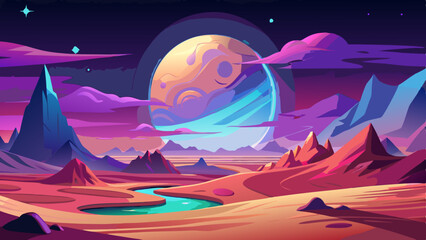 A colorful planet with a blue river running through it