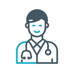 Smiling doctor icon with stethoscope, Vector illustration of a smiling doctor wearing a lab coat, stethoscope, and tie, representing a healthcare professional in a medical setting.
