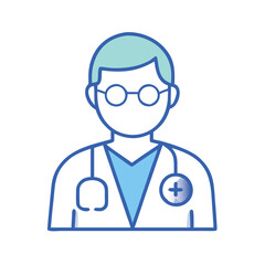 Doctor icon with stethoscope and glasses, Vector illustration of a doctor wearing glasses, a tie, and a lab coat with a stethoscope, symbolizing healthcare and medical professionals.
