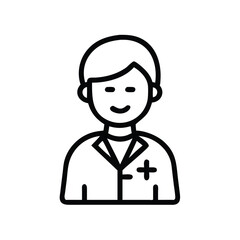 Smiling doctor icon with stethoscope, Vector illustration of a smiling doctor wearing a lab coat, stethoscope, and tie, representing a healthcare professional in a medical setting.
