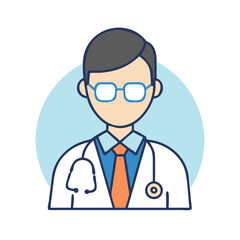 Doctor icon with stethoscope and glasses, Vector illustration of a doctor wearing glasses, a tie, and a lab coat with a stethoscope, symbolizing healthcare and medical professionals.
