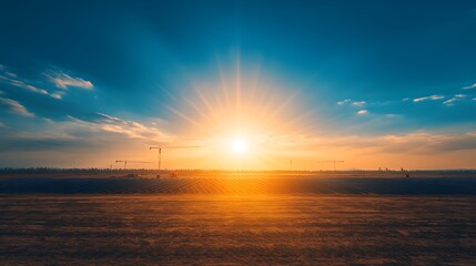 Naklejka premium A stunning sunset over a flat landscape, with rays of light breaking through clouds, and silhouettes of solar panels below the horizon.