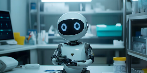The Future is Here: A friendly, humanoid robot, with vibrant blue eyes, stands in a futuristic laboratory, ready to assist in a world of technological advancements.  