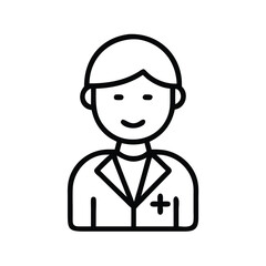 Smiling doctor icon with stethoscope, Vector illustration of a smiling doctor wearing a lab coat, stethoscope, and tie, representing a healthcare professional in a medical setting.
