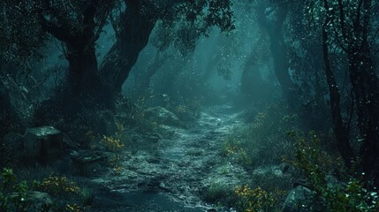 Enchanted Forest Pathway Surrounded by Mystical Trees and Lush Greenery Under Mysterious Fog with Glimmers of Light Creating a Dreamlike Atmosphere