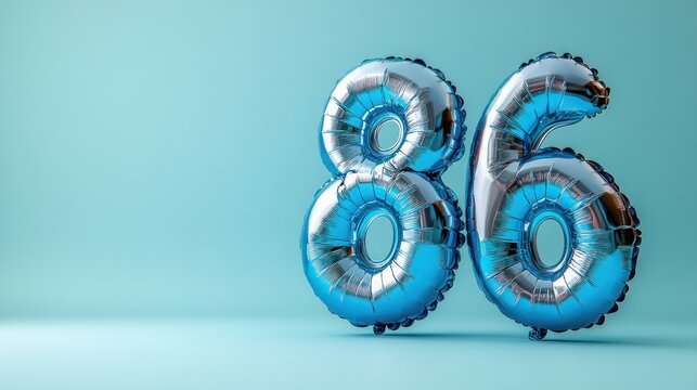 Blue number 86 balloon on a light blue background.
